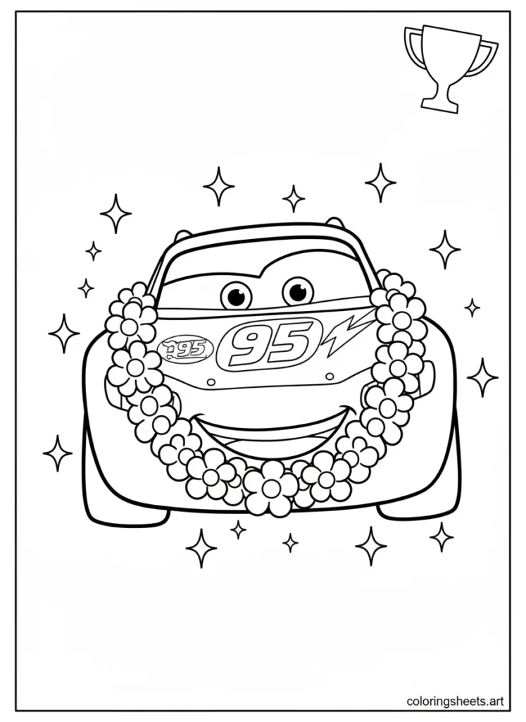 Lightning McQueen wearing a winners flower garland coloring page