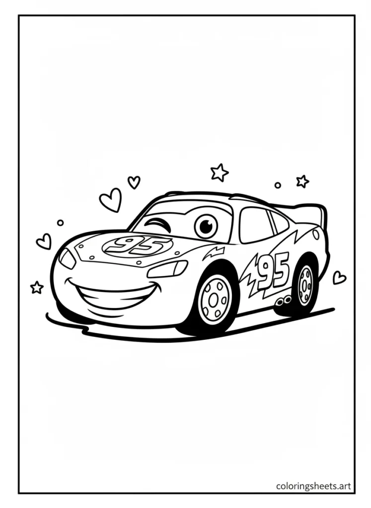 Lightning McQueen winking with a cheeky smile coloring page
