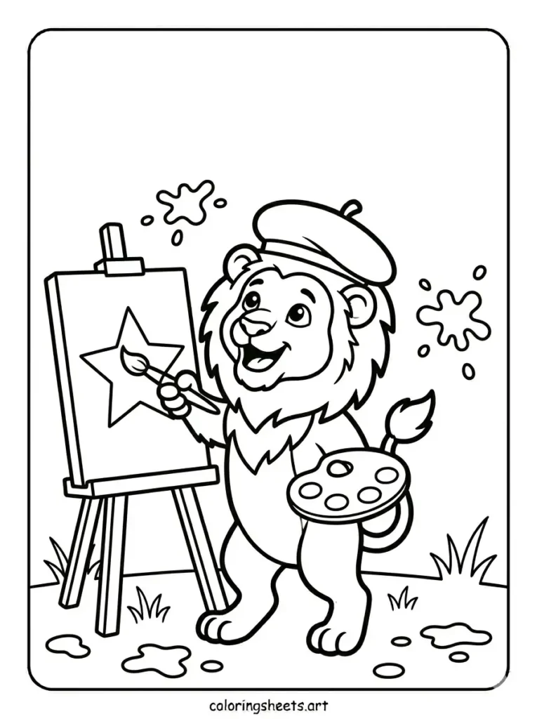 Printable lion artist painting at easel coloring page for kids