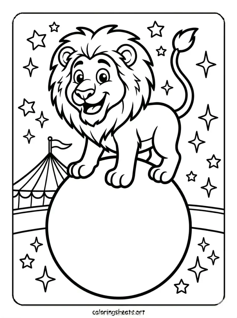 Free lion balancing on big ball circus coloring page for toddlers