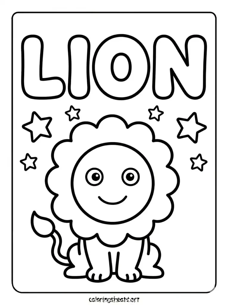 Lion with big bubble letter name coloring page for toddlers