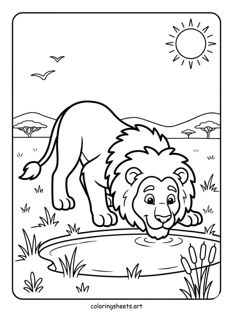 Printable lion drinking from African watering hole coloring page for kids
