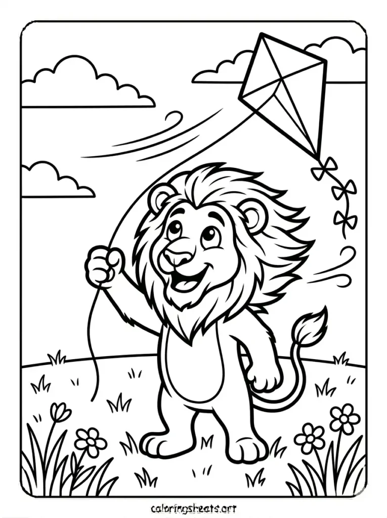 Free lion flying kite in windy field coloring page for kids