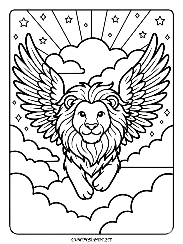 Printable lion flying with angel wings in clouds coloring page for kids