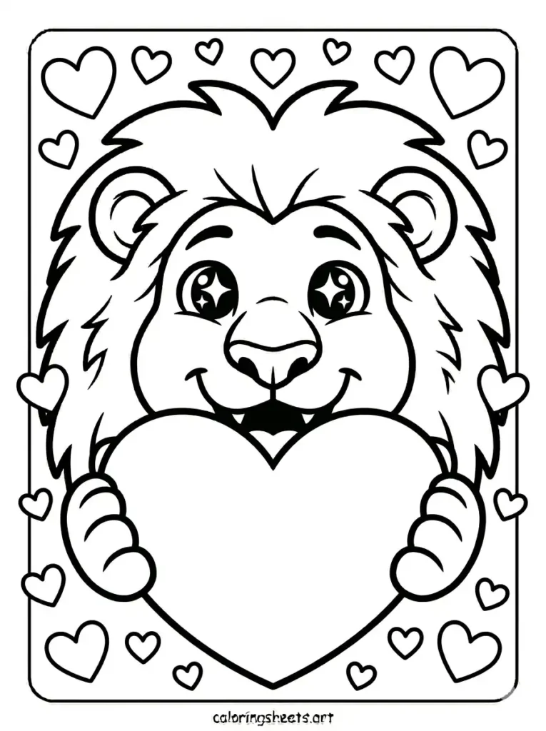 Free lion holding up big love heart coloring page for kids