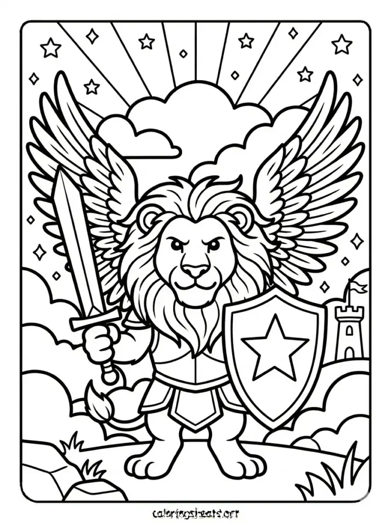 Free lion knight with sword and shield coloring page for adults