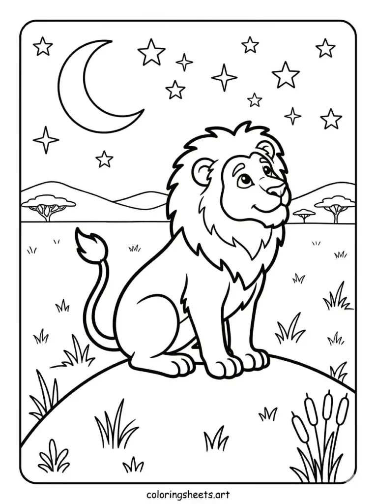 Free lion looking at starry night sky on hill printable coloring page for adults