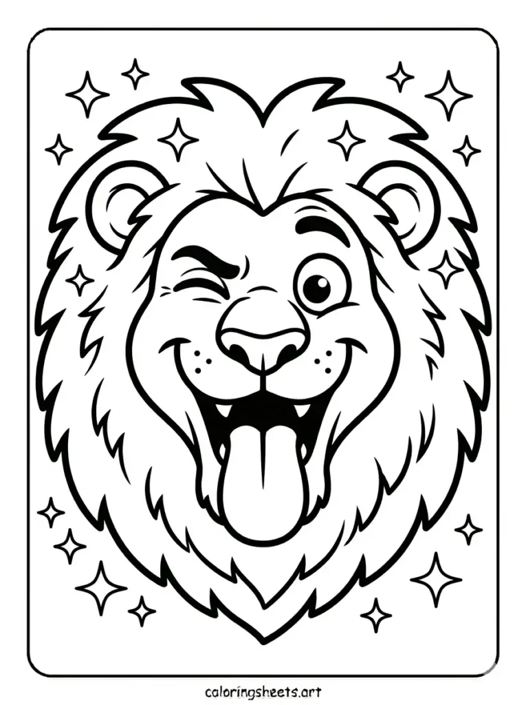 Printable lion making silly funny face winking coloring page for toddlers