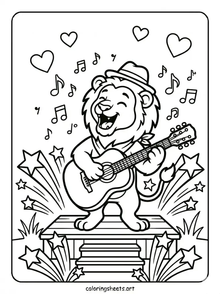 Free lion musician playing guitar coloring page for adults