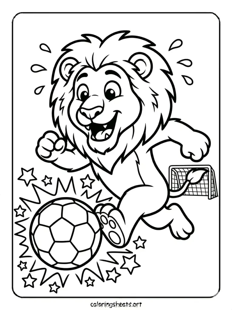 Printable lion playing soccer kicking ball coloring page for kids