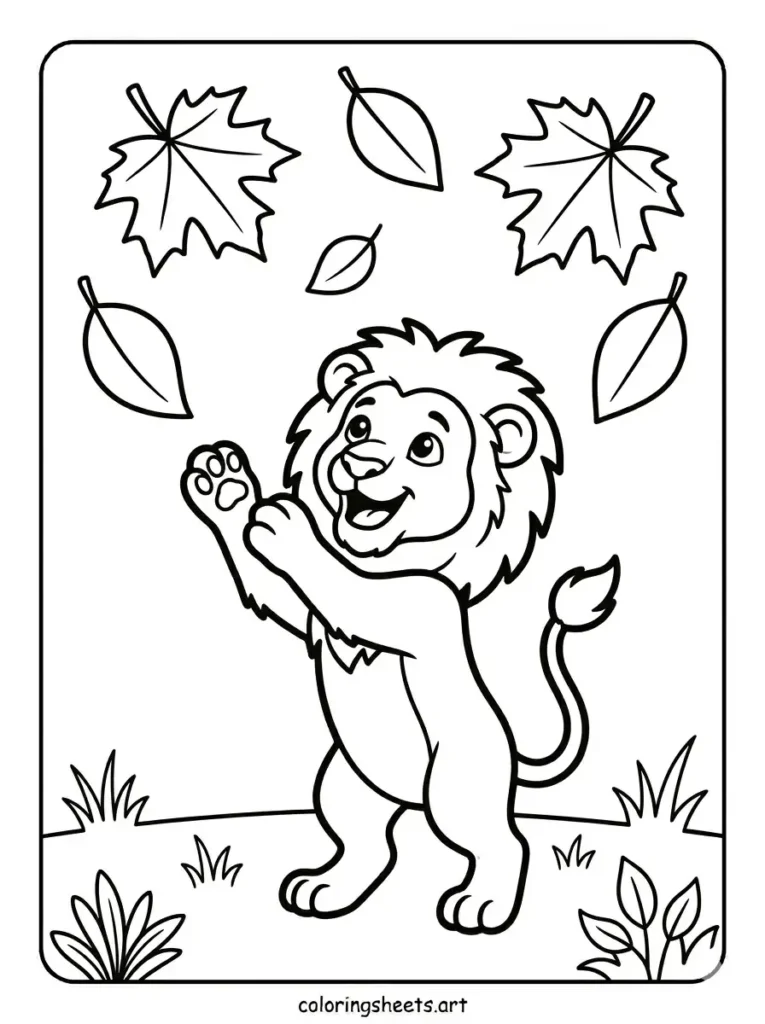 Free lion playing with falling autumn leaves coloring page for toddlers