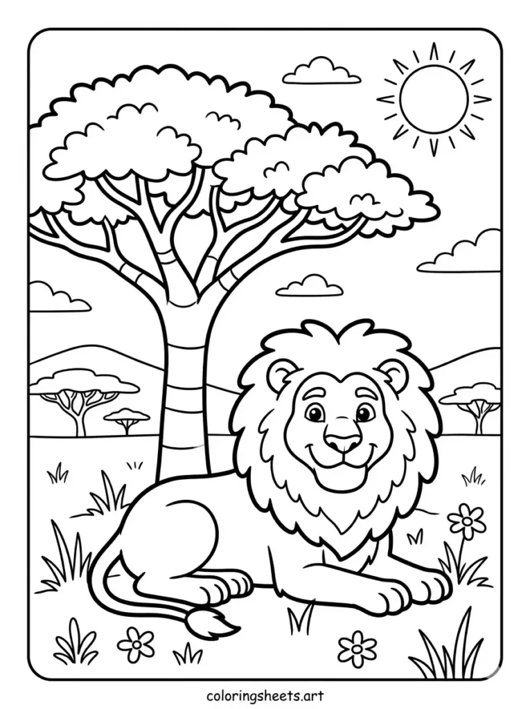 Free printable lion relaxing under shady acacia tree savanna coloring page for kids