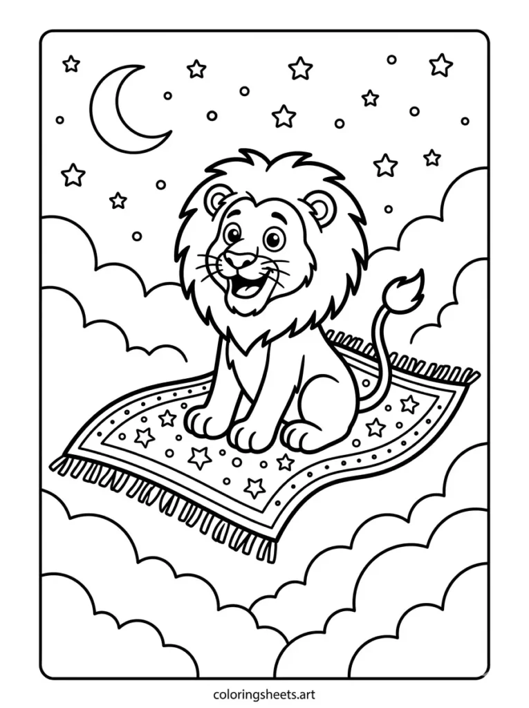 Printable lion riding magic carpet in sky coloring page for kids