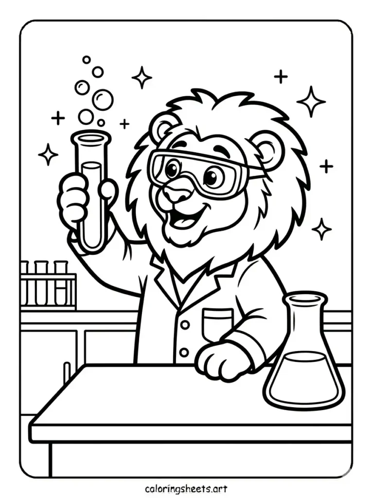 Free lion scientist with test tubes coloring page for adults