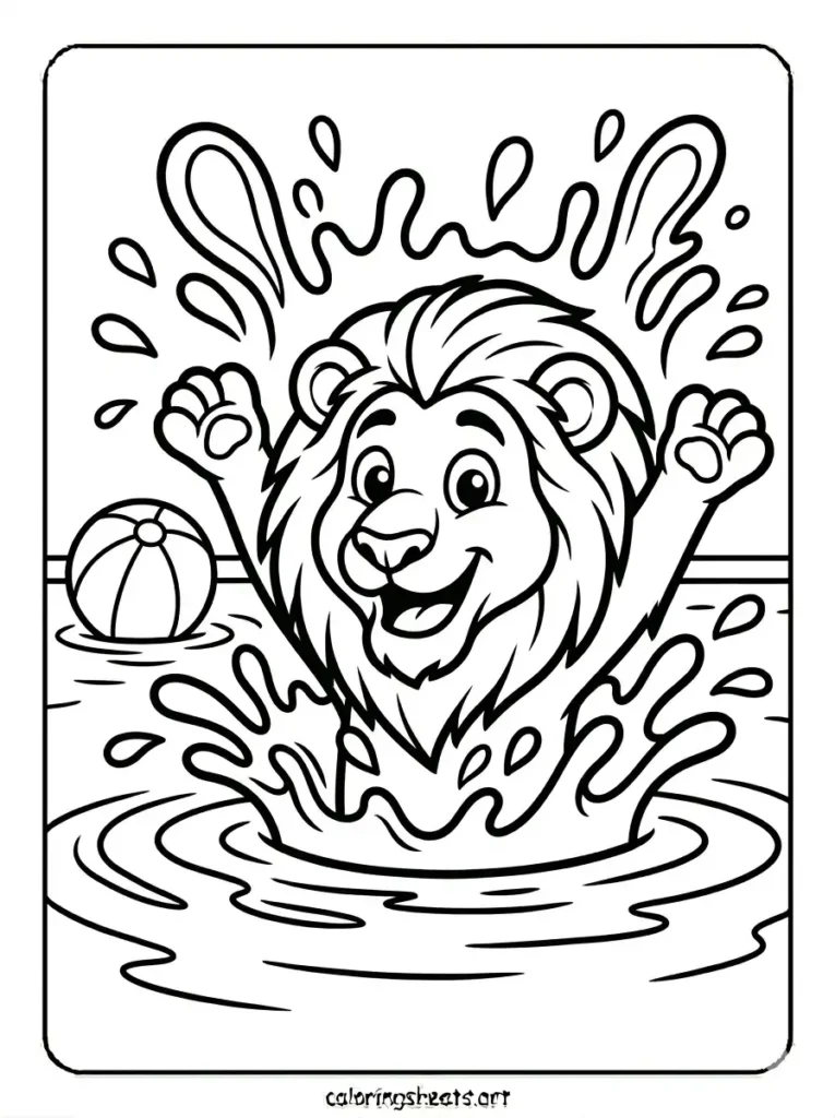 Printable lion swimming in pool with splashes coloring page for adults