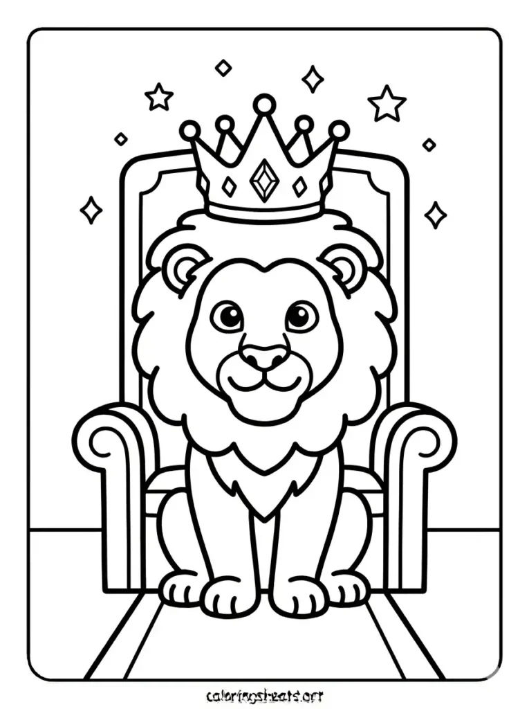 Free printable lion wearing royal crown on throne coloring page for adults