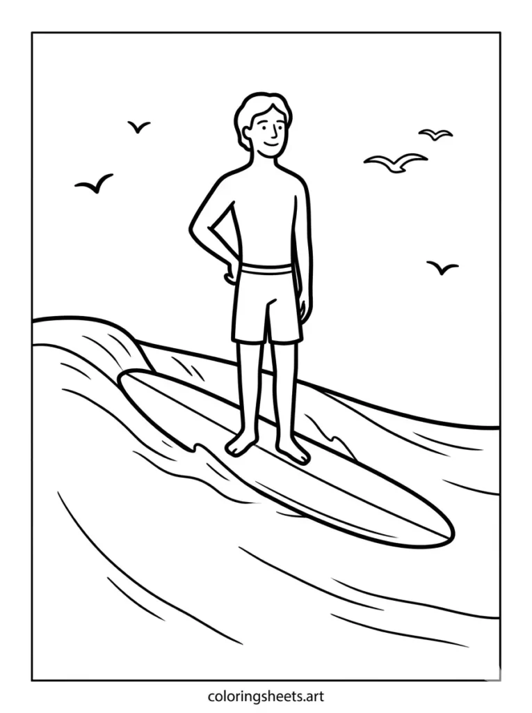 Friendly longboard surfer walking the nose coloring page simple printable PDF