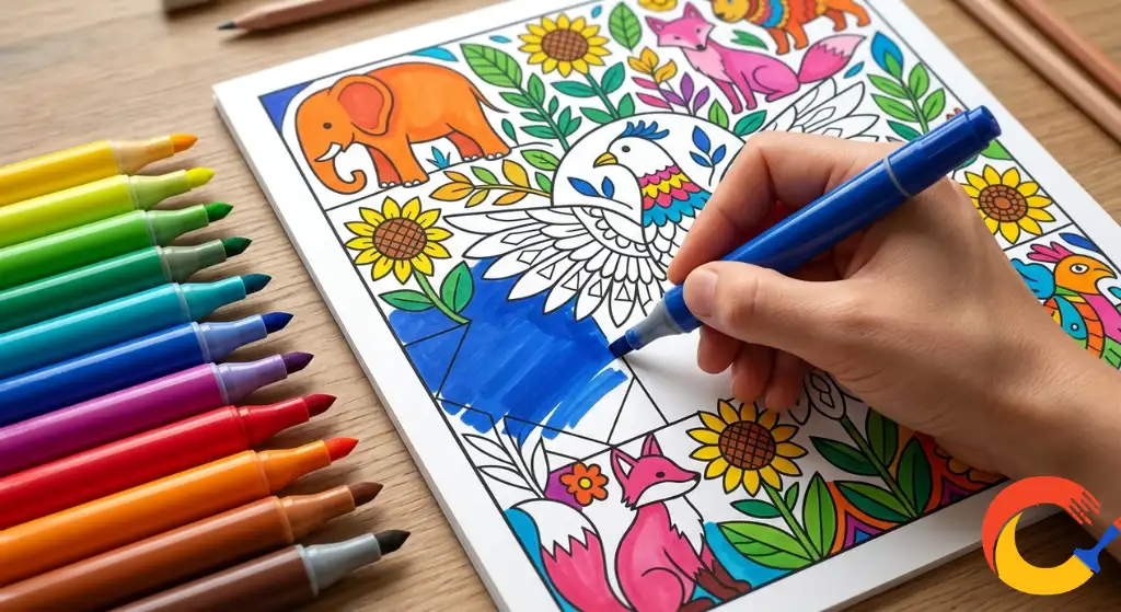 Colorful markers being used to fill in bold, vibrant sections of a coloring page