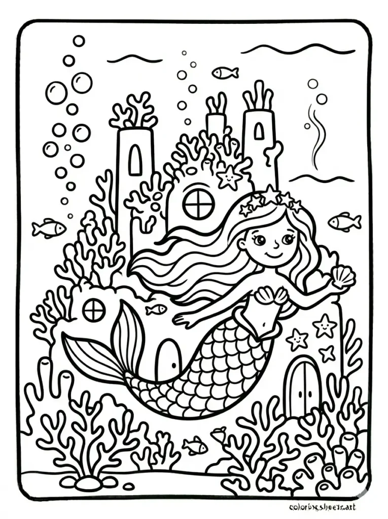 Ocean coloring pages for kids printable with a mermaid friend in a coral palace under the sea