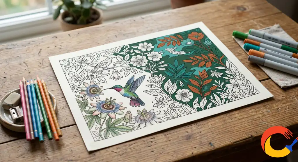 A coloring page using both markers and colored pencils together in different sections