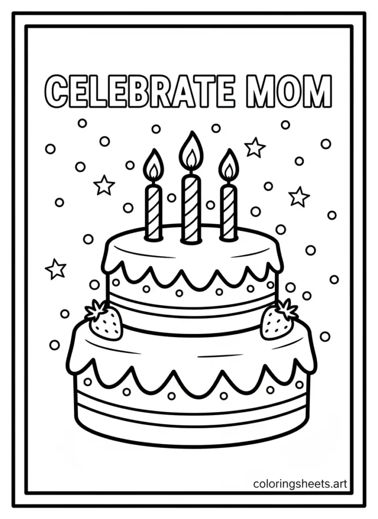 Birthday style cake with candles Mother's Day coloring card for kids printable