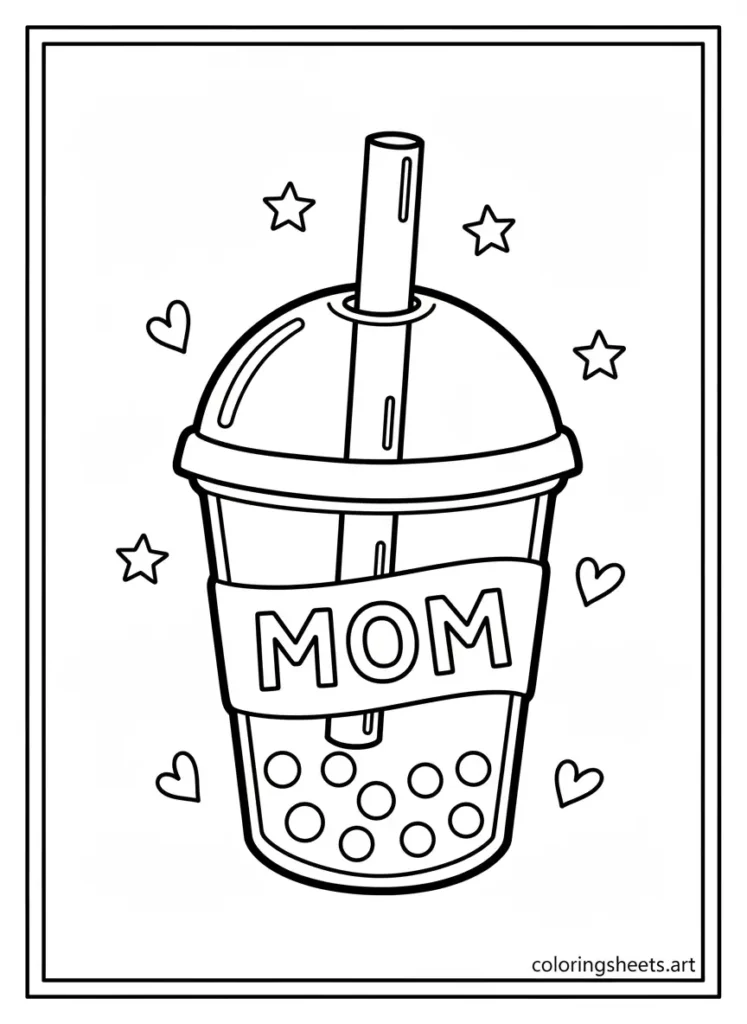 Boba tea with heart straw Mother's Day coloring card for kids printable