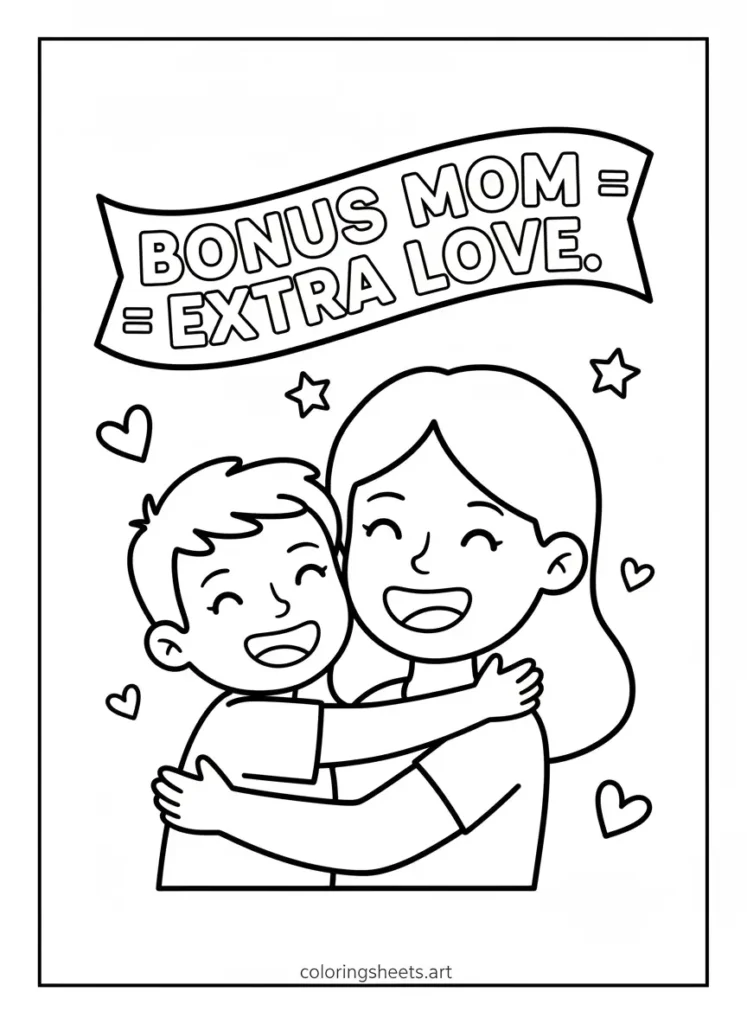 Bonus mom step mom hug Mother's Day coloring card for kids printable pdf