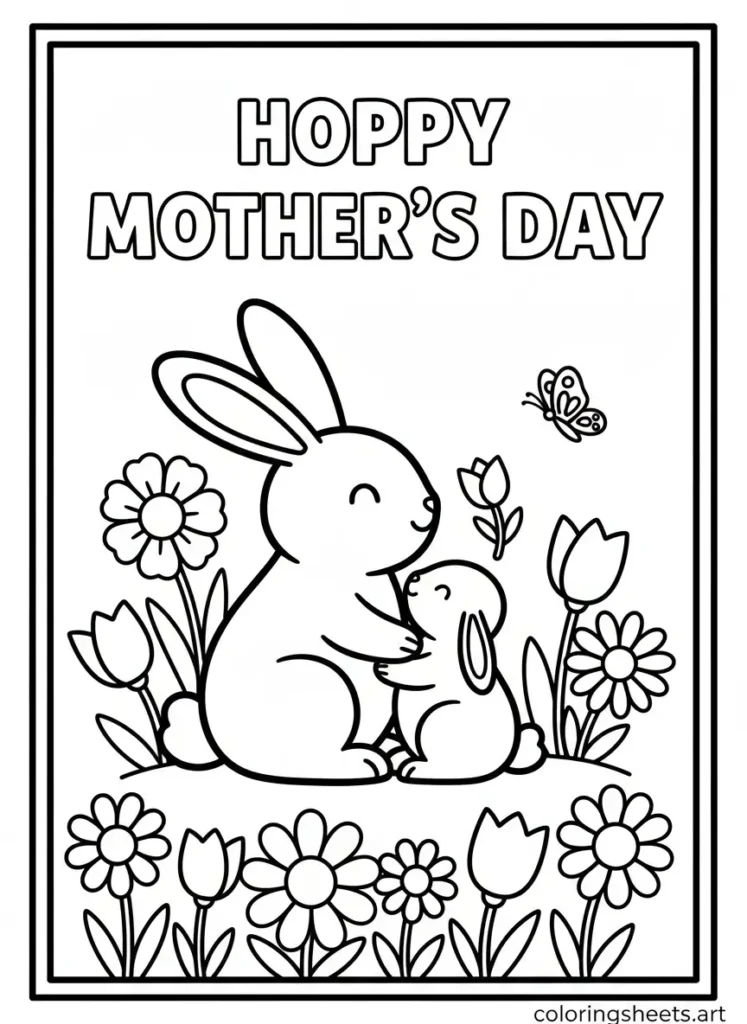 Bunny and mom in flower garden Mother's Day coloring card for kids printable