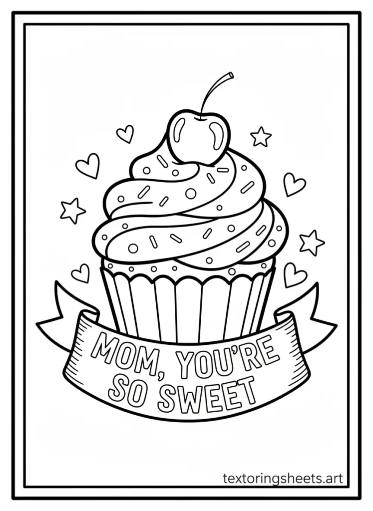 Giant cupcake with cherry Mother's Day coloring card for kids free printable