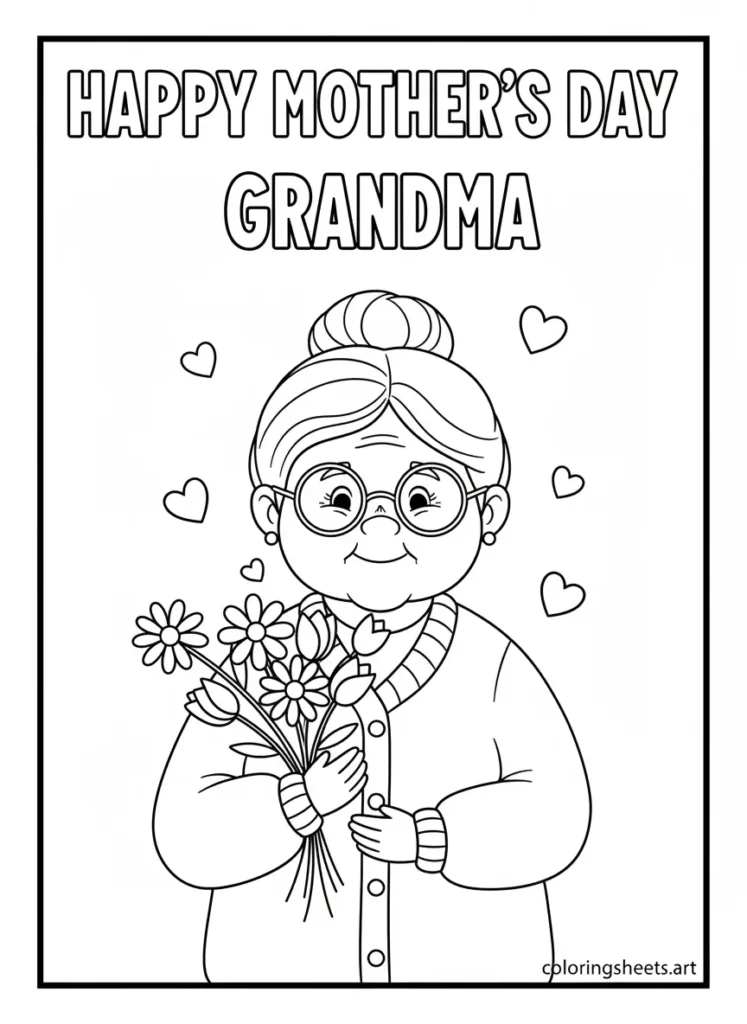 Grandma holding flowers Mother's Day coloring card for kids free printable pdf