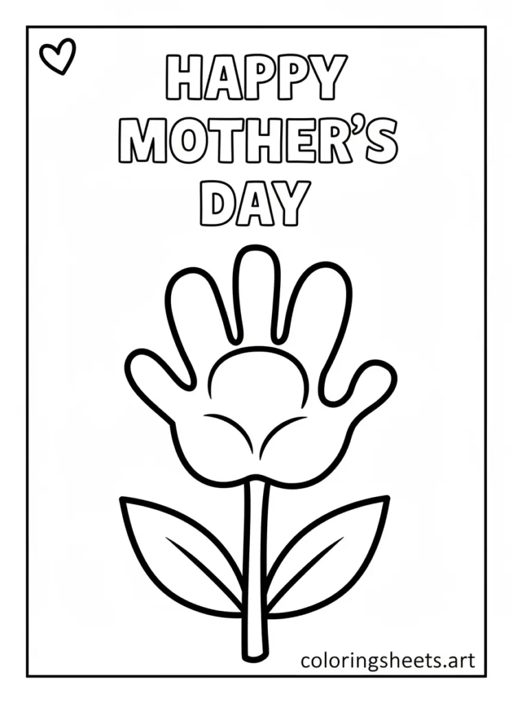 Handprint flower Mother's Day coloring card for toddlers simple printable pdf