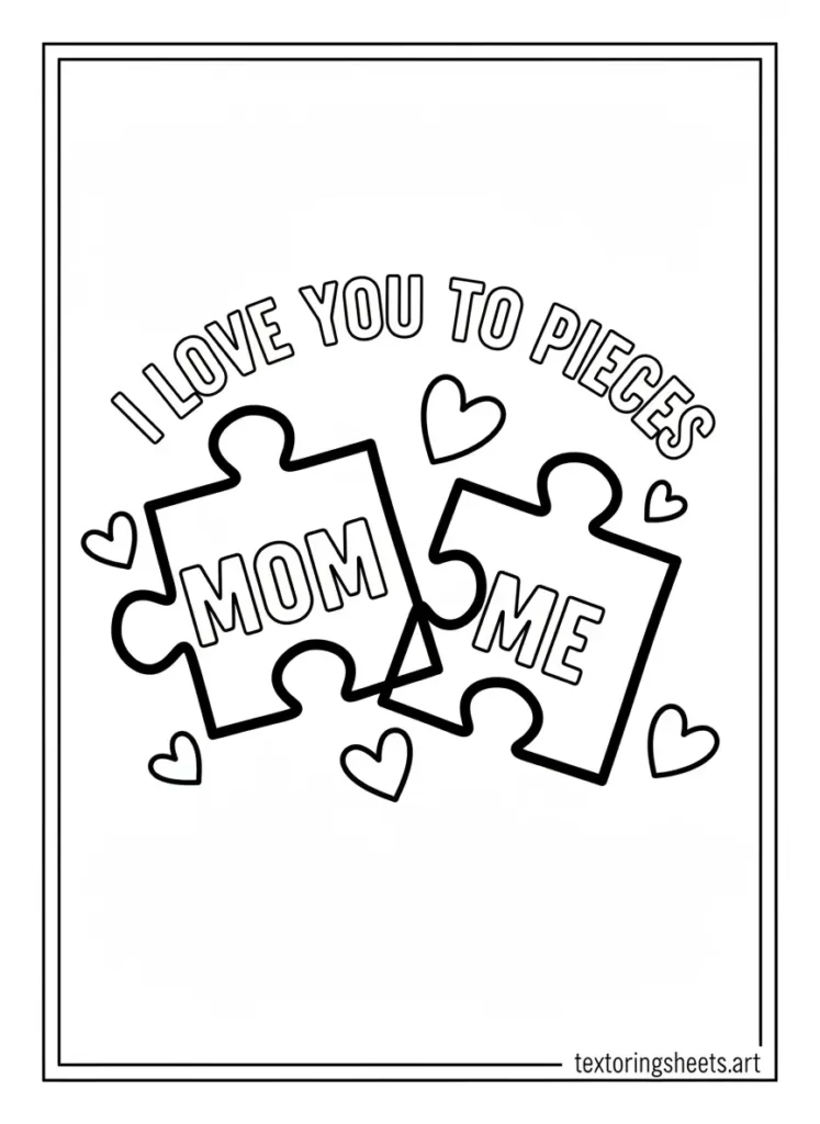 I love you to pieces puzzle Mother's Day coloring card for toddlers printable