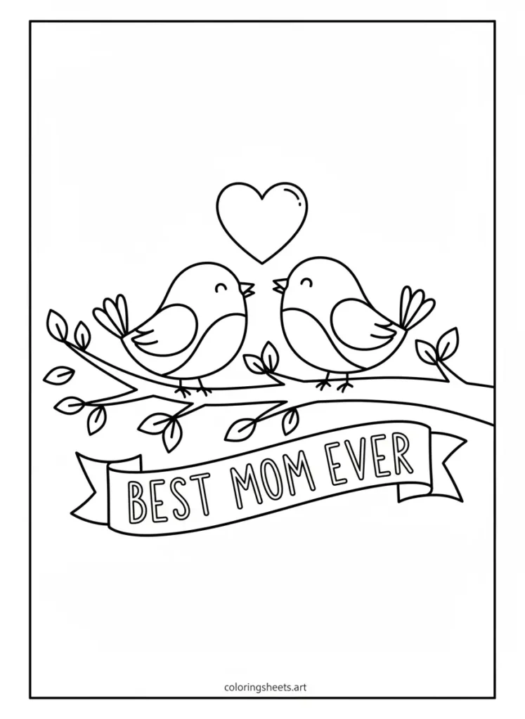 Love birds on a branch Mother's Day coloring card for kids printable pdf