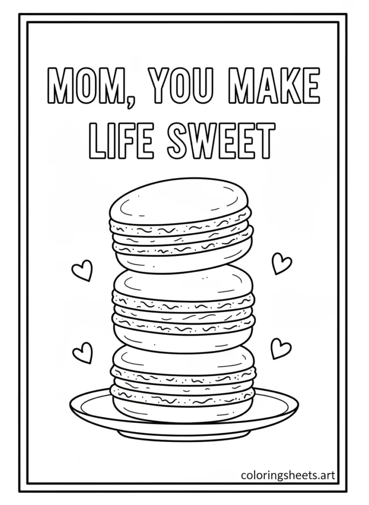 Macaron tower sweet treat Mother's Day coloring card for kids free printable pdf