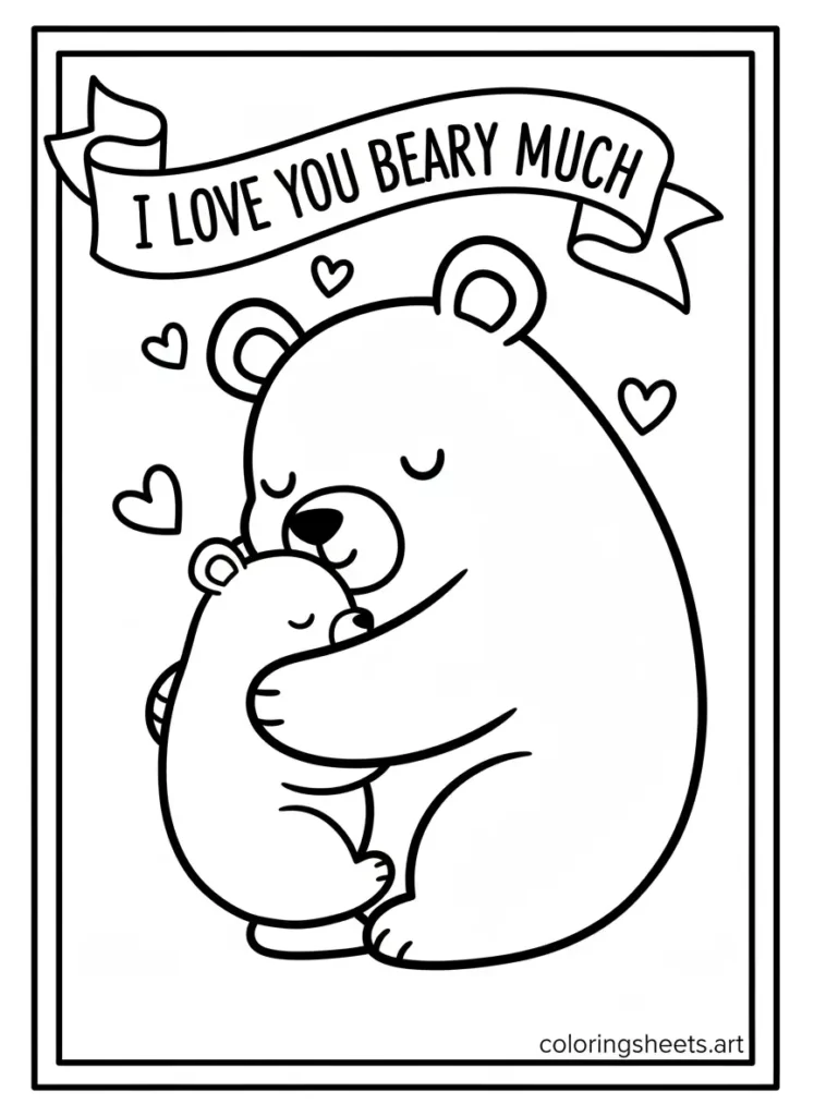 Mama bear hugging cub Mother's Day coloring card for toddlers free printable pdf