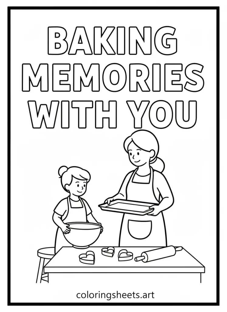 Mom and child baking cookies together Mother's Day coloring card for kids printable