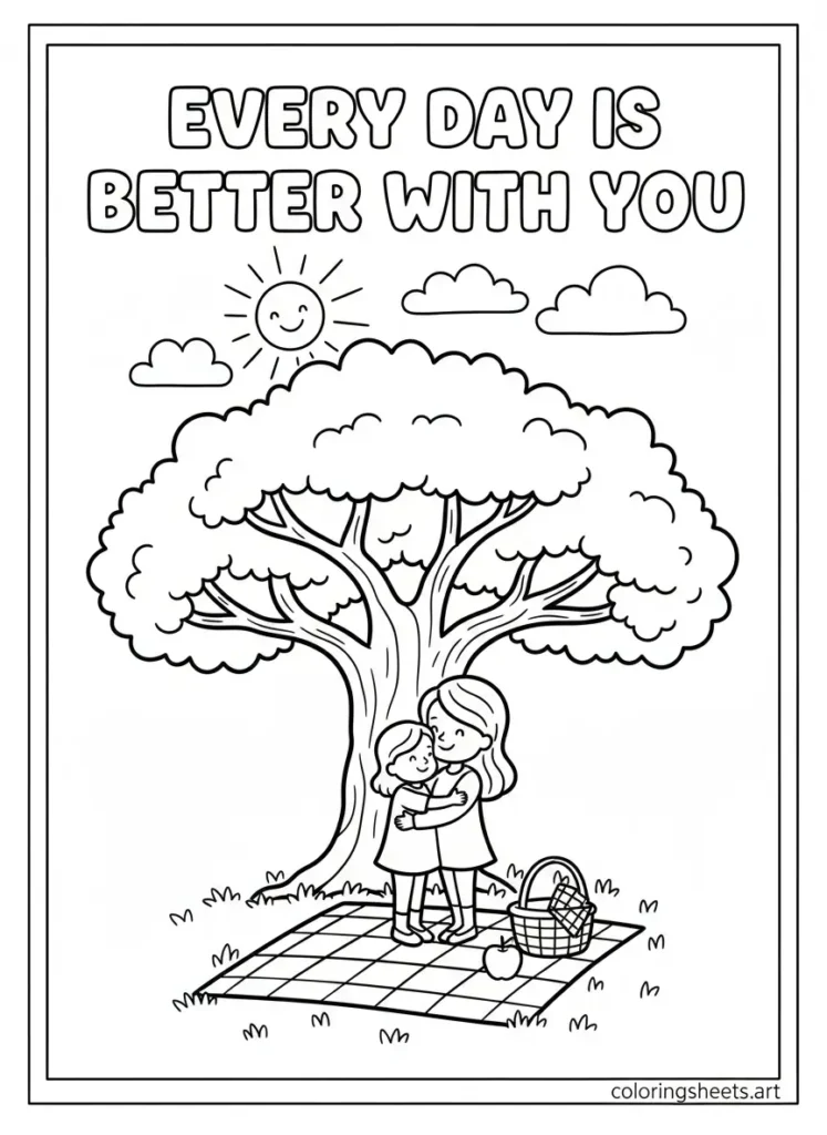 Mother and child park picnic hug Mother's Day coloring card for toddlers printable