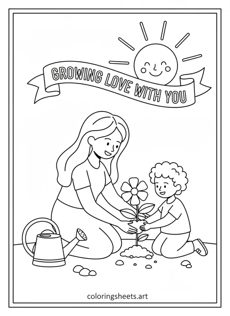 Mother and child planting flowers Mother's Day coloring card for kids free printable