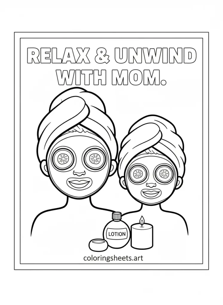 Mom and child spa day facial mask Mother's Day coloring card for kids free printable pdf