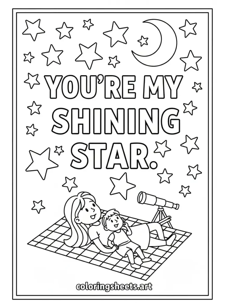 Mom and child stargazing on blanket Mother's Day coloring card for kids free printable pdf