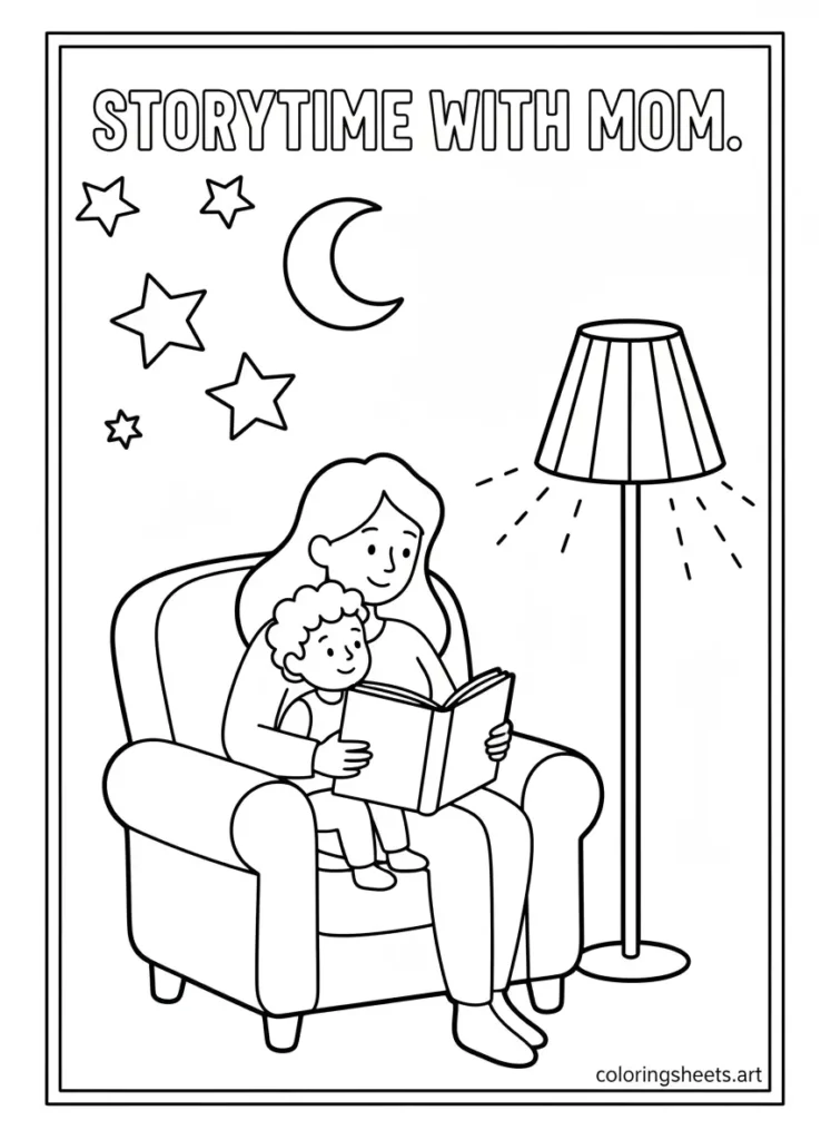 Mom reading a bedtime story Mother's Day coloring card for toddlers printable pdf