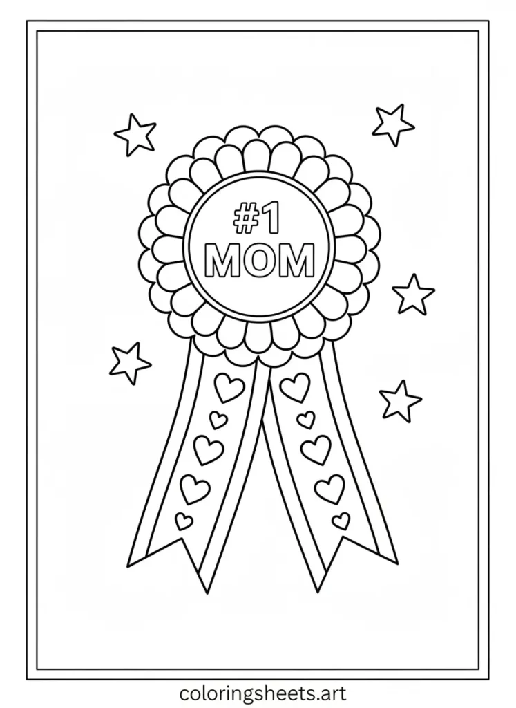Number one mom rosette ribbon Mother's Day coloring card for kids printable pdf