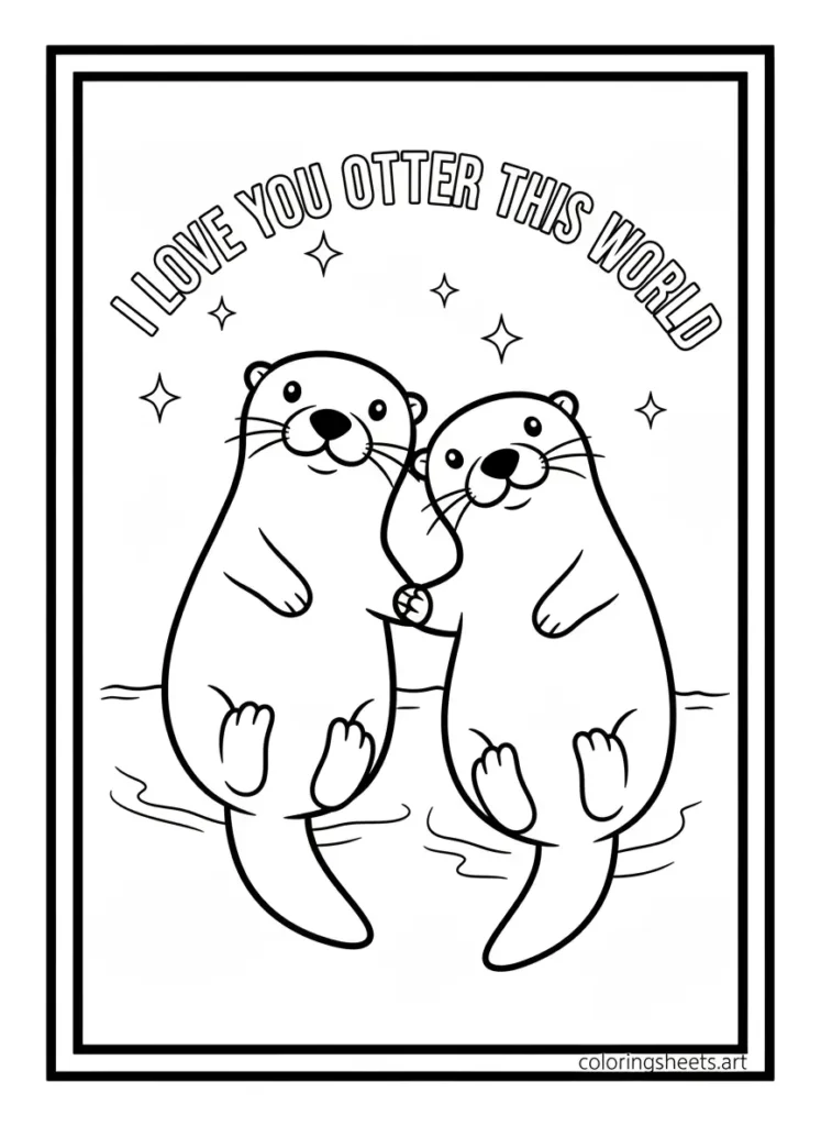 Otter family floating together Mother's Day coloring card for kids free printable pdf