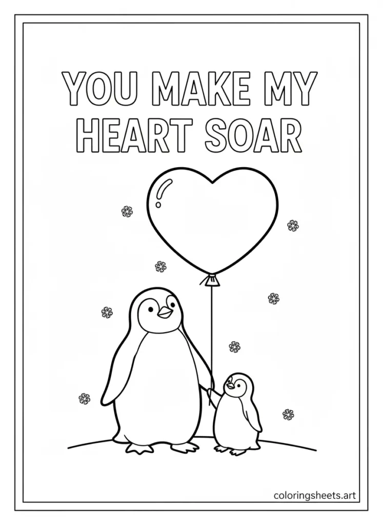 Penguin mom and chick holding heart balloon Mother's Day coloring card for kids