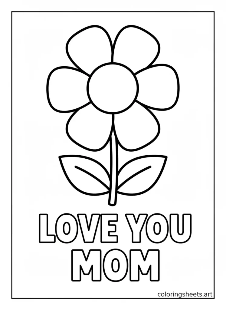 Simple flower love you mom Mother's Day coloring card for toddlers free printable pdf