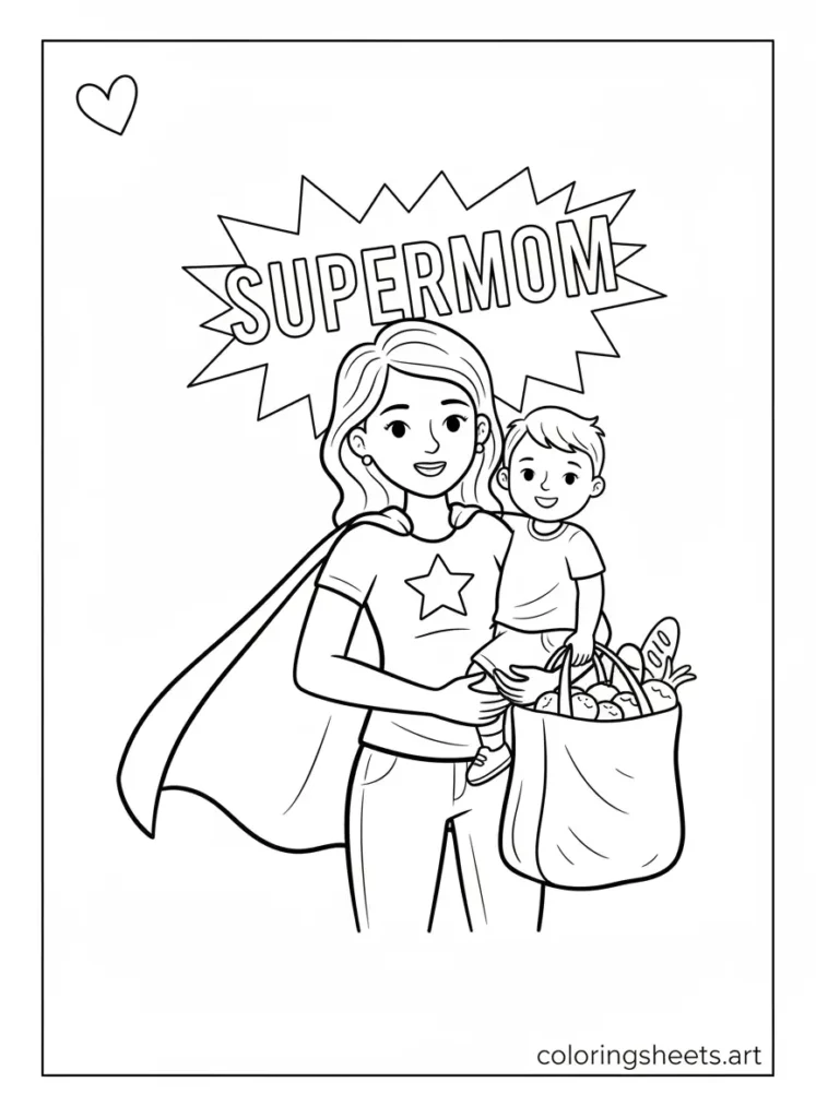 Single mom superhero Mother's Day coloring card for kids printable pdf