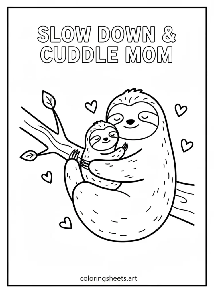 Sloth hugging mom sloth Mother's Day coloring card for kids free printable