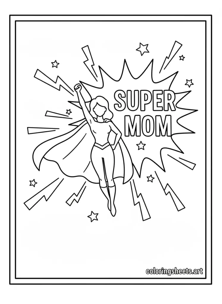 Super mom hero comic style Mother's Day coloring card free printable