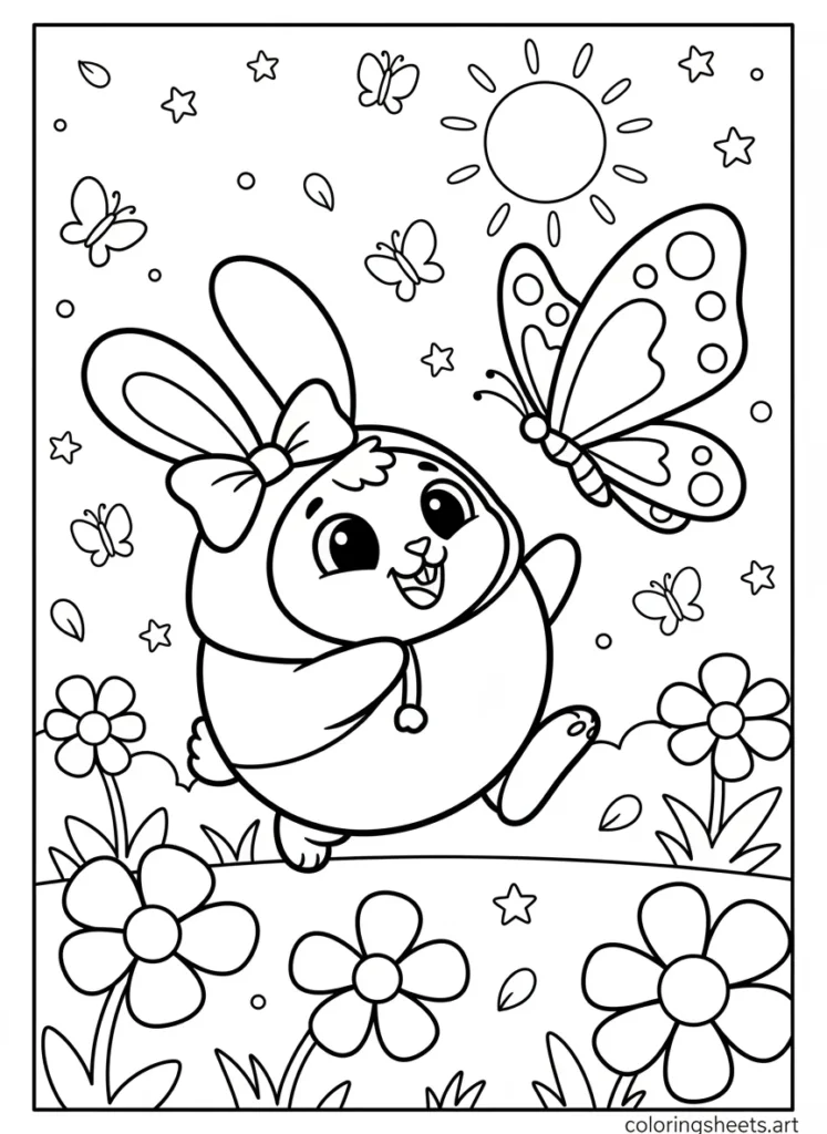 My Melody chasing a butterfly through a sunny meadow coloring page