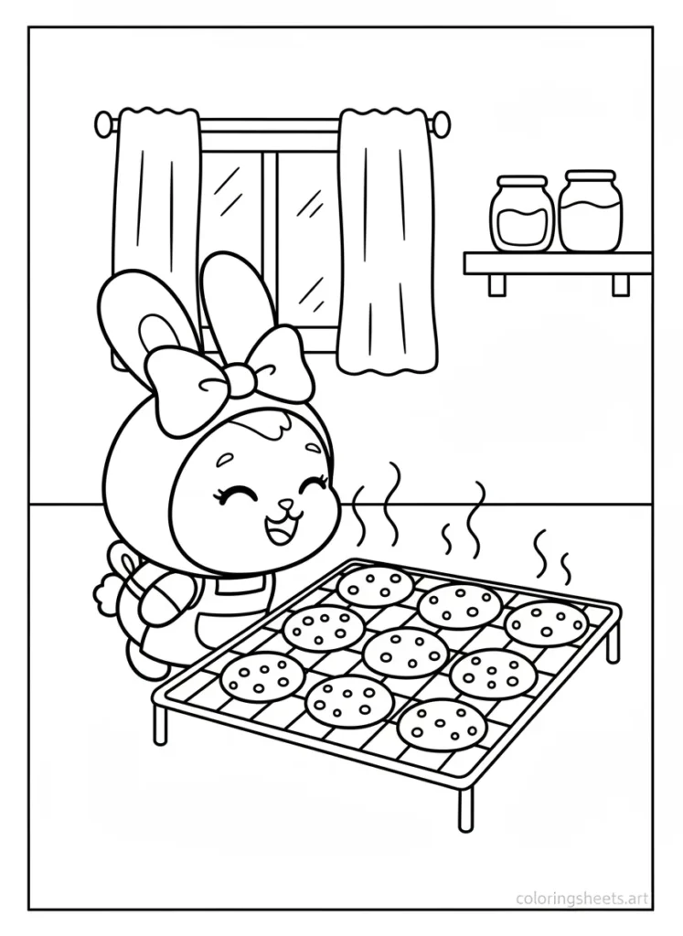 My Melody standing by fresh cookies on a cooling rack coloring page